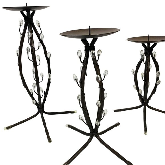 Trio Of Decorative Iron Candle Holders Metalware Brown Clear Teardrops Elements - Picture 5 of 11